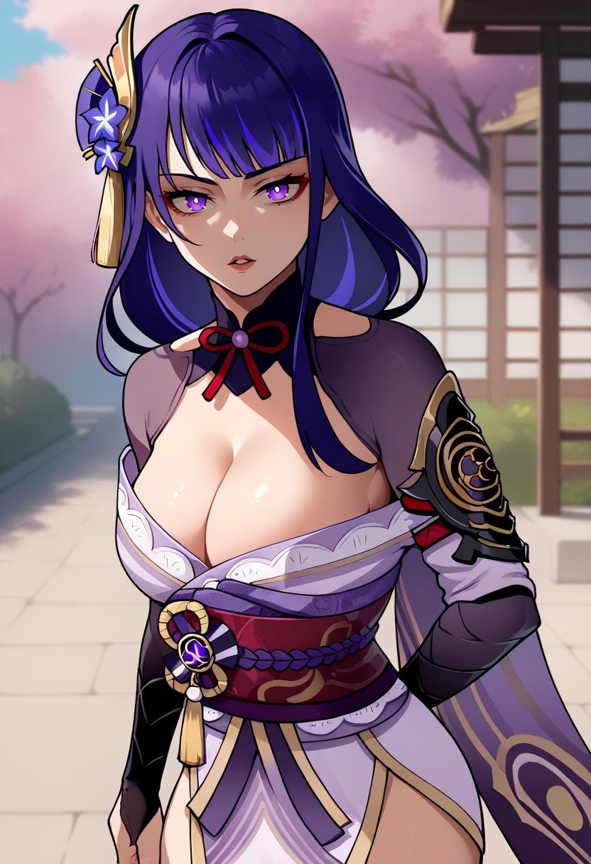 score_9, score_8_up, score_7_up, source_anime BREAK 1girl, solo, <lora:thiccwithaq-artist-richy-v1_pdxl:1> standing, looking at viewer, parted lips, raiden shogun, cleavage, bridal gauntlets, outdoors