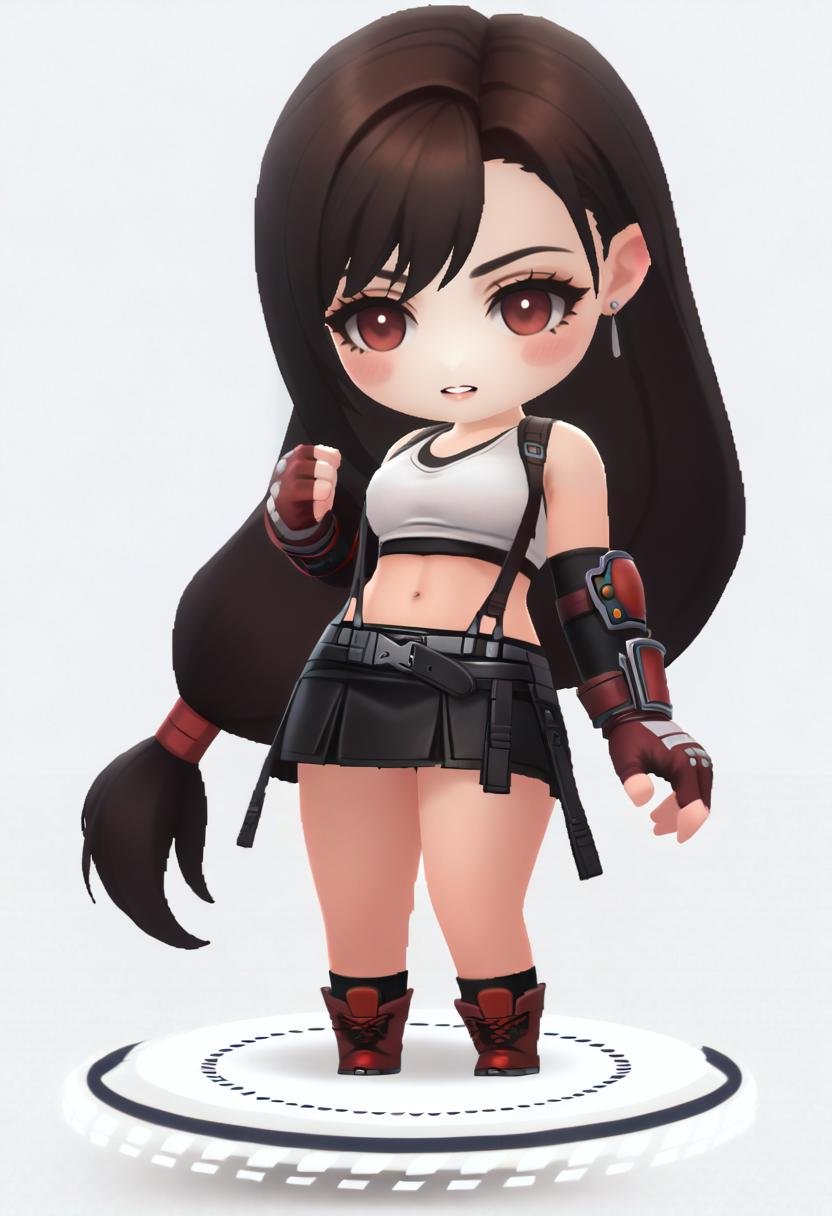 score_9, score_8_up, score_7_up, source_anime BREAK 1girl, solo, chibi, <lora:chibi-nikke-richy-v1_pdxl:1> tifa lockhart, crop top, suspenders, skirt, red fingerless gloves