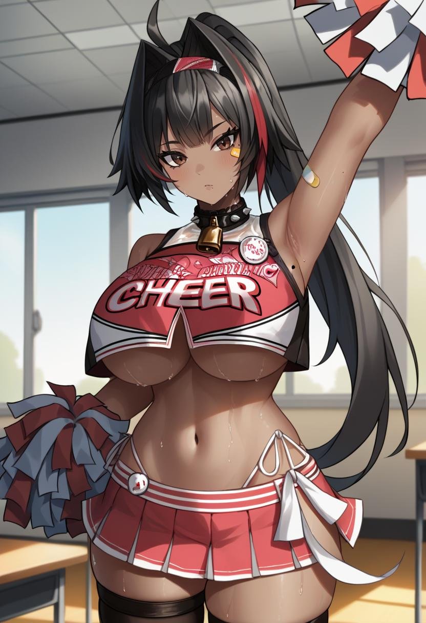 score_9, score_8_up, score_7_up, source_anime BREAK 1girl, solo, standing, <lora:bay-nikke-richy-v1_pdxl:1> nikkebay, dark skin, brown eyes, black hair, ahoge, streaked hair, long hair, ponytail, hairband, hair intakes, cheerleader, crop top, huge breasts, underboob, midriff, navel, spiked collar, neck bell, bandaid, pleated skirt, side-tie panties, side slit, mole, indoors, arm up, armpits, sweat, pom pom \(cheerleading\), classroom, thick thighs, thigh gap, black thighhighs, asymmetrical legwear, thigh strap