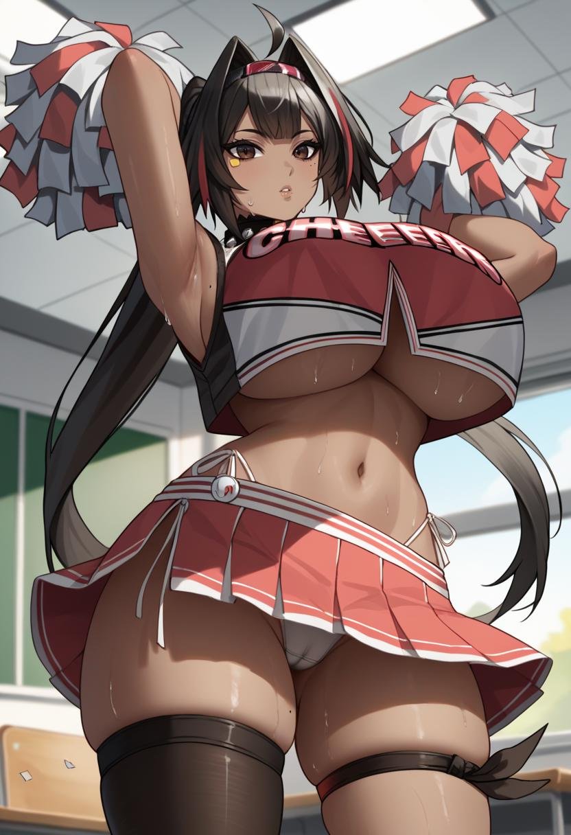 score_9, score_8_up, score_7_up, source_anime BREAK 1girl, solo, standing, <lora:bay-nikke-richy-v1_pdxl:1> nikkebay, dark skin, brown eyes, black hair, ahoge, streaked hair, long hair, ponytail, hairband, hair intakes, cheerleader, crop top, huge breasts, underboob, midriff, navel, spiked collar, neck bell, bandaid, pleated skirt, side-tie panties, side slit, mole, indoors, arms up, armpits, sweat, pom pom \(cheerleading\), classroom, thick thighs, thigh gap, black thighhighs, asymmetrical legwear, thigh strap, parted lips, from below, upskirt, white panties, cameltoe