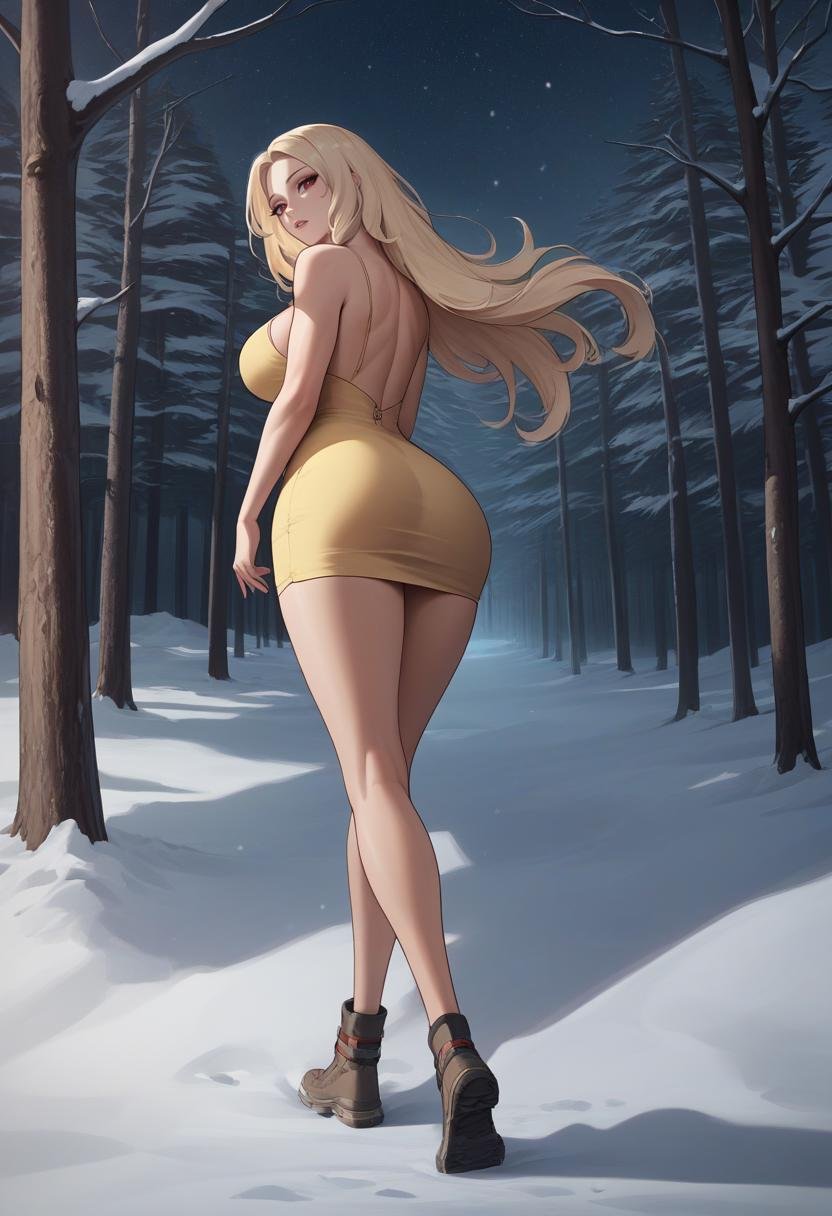 score_9, score_8_up, score_7_up, source_anime BREAK 1girl, solo, <lora:ludmilla-nikke-richy-v1_pdxl:1> ludmillarnd, red eyes, blonde hair, long hair, wide hips, long legs, from behind, yellow sundress, winter, forest, snow, dark, darkness, night, night sky, outdoors, looking back, looking at viewer, parted lips, large breasts