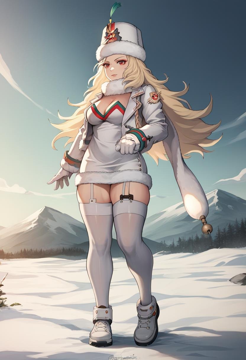 score_9, score_8_up, score_7_up, source_anime BREAK 1girl, solo, standing, <lora:ludmilla-nikke-richy-v1_pdxl:1> ludmilladef, red eyes, blonde hair, long hair, fur hat, scarf, white jacket, fur trim, cleavage, white dress, white gloves, white thighhighs, garter straps, thick thighs, full body