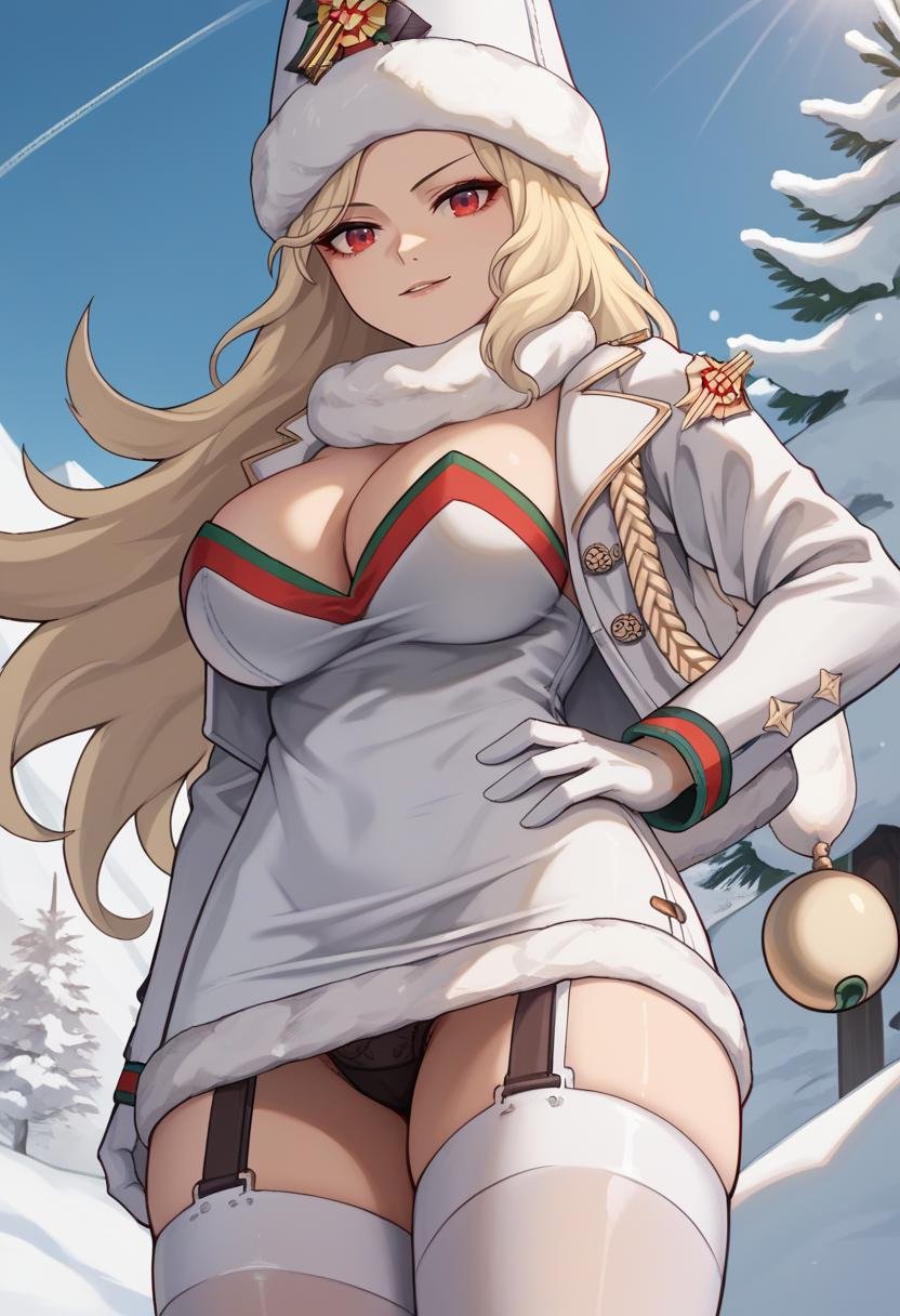 score_9, score_8_up, score_7_up, source_anime BREAK 1girl, solo, standing, <lora:ludmilla-nikke-richy-v1_pdxl:1> ludmilladef, red eyes, blonde hair, long hair, fur hat, white scarf, white jacket, fur trim, cleavage, white dress, white gloves, white thighhighs, garter straps, looking at viewer, parted lips, outdoors, winter, snow, grey sky, looking at viewer, from below, upskirt, smirk, panties, large breasts