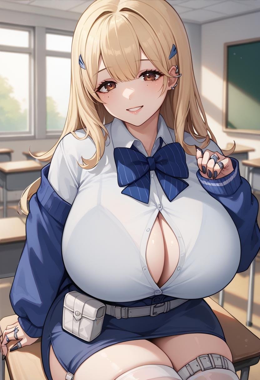 score_9, score_8_up, score_7_up, source_anime BREAK 1girl, solo, <lora:tia-nikke-richy-v1_pdxl-came207:1> tia, blonde hair, hair ornament, hair clip, brown eyes, blue bowtie, blue cardigan, white shirt, button gap, blue skirt, white thighhighs, huge breasts, thick thighs, sleeves past wrists, nail polish, black nails, ring, ear piercing, sitting, desk, classroom, indoors, smile, looking at viewer, thigh strap, belt pouch