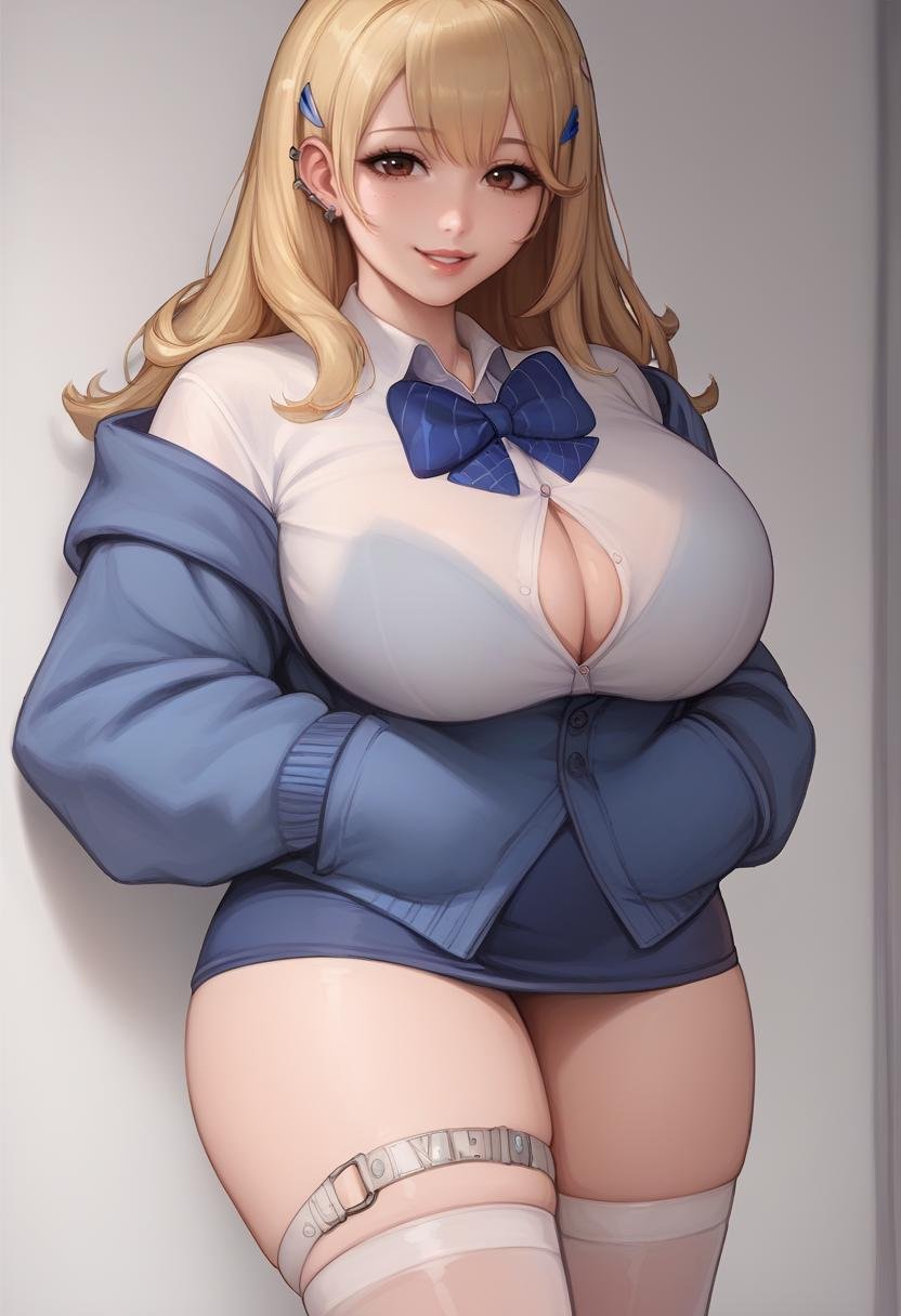 score_9, score_8_up, score_7_up, source_anime BREAK 1girl, solo, <lora:tia-nikke-richy-v1_pdxl-came207:1> tia, blonde hair, hair ornament, hair clip, brown eyes, blue bowtie, blue cardigan, white shirt, button gap, blue skirt, white thighhighs, huge breasts, thick thighs, ear piercing, thigh strap, <lora:kittew-artist-richy-v1_pdxl:1> standing, looking at viewer, lips, smile, hands in pockets