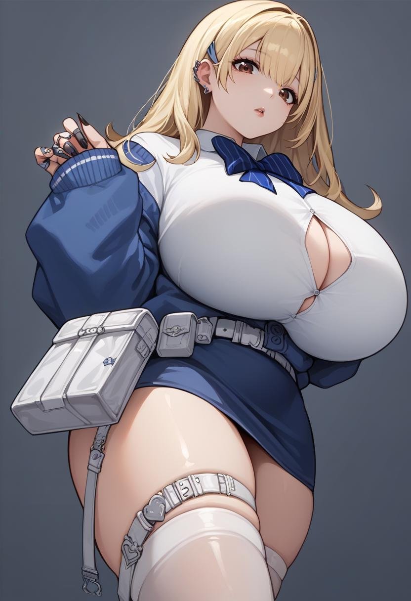 score_9, score_8_up, score_7_up, source_anime BREAK <lora:tia-nikke-richy-v1_pdxl:1> tia, blonde hair, hair ornament, hair clip, brown eyes, blue bowtie, blue cardigan, white shirt, button gap, blue skirt, white thighhighs, huge breasts, thick thighs, sleeves past wrists, nail polish, black nails, ring, ear piercing, thigh strap, belt pouch