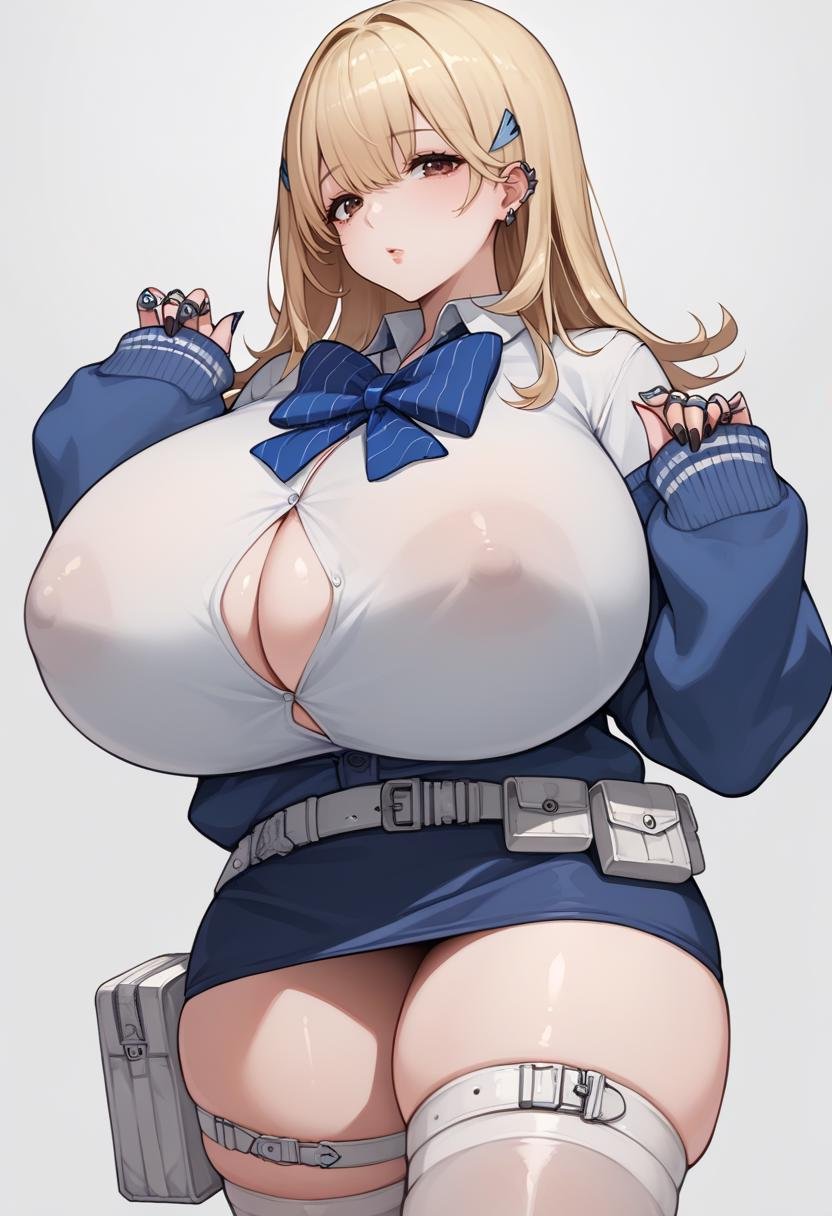 score_9, score_8_up, score_7_up, source_anime BREAK 1girl, solo, <lora:tia-nikke-richy-v1_pdxl-came207:1> tia, blonde hair, hair ornament, hair clip, brown eyes, gigantic breasts, covered nipples, blue bowtie, blue cardigan, white shirt, button gap, blue skirt, white thighhighs, huge breasts, thick thighs, sleeves past wrists, nail polish, black nails, ring, ear piercing, thigh strap, belt pouch