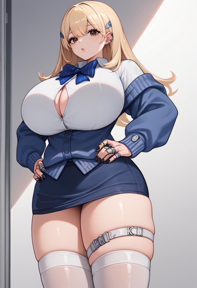 score_9, score_8_up, score_7_up, source_anime BREAK <lora:tia-nikke-richy-v1_pdxl-came207:1> tia, blonde hair, hair ornament, hair clip, brown eyes, blue bowtie, blue cardigan, white shirt, button gap, blue skirt, houndstooth, skirt, white thighhighs, huge breasts, thick thighs, thigh strap, nail polish, black nails, ring, ear piercing, jewelry, hands on hips