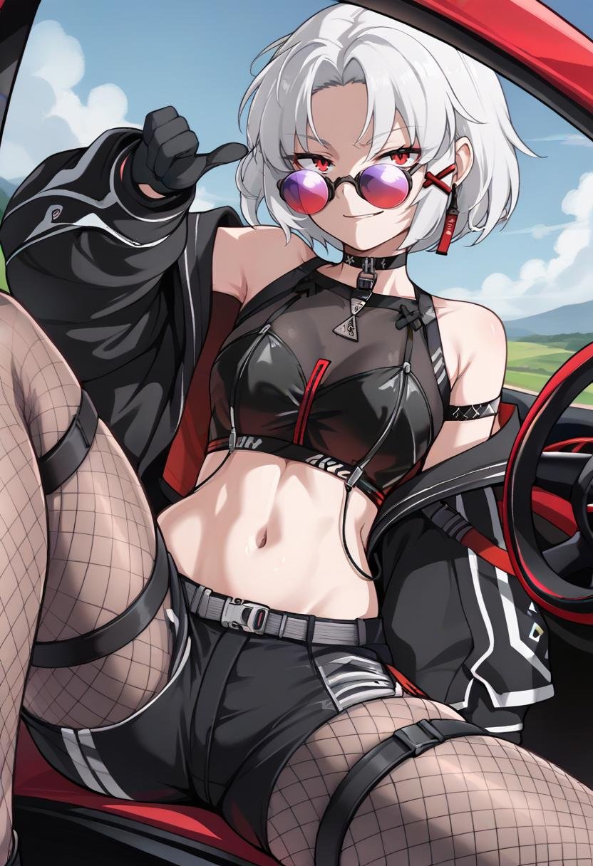 score_9, score_8_up, score_7_up, source_anime BREAK 1girl, <lora:drake-nikke-richy-v1_pdxl:1> drakercr, short hair, white hair, red eyes, earrings, x hair ornament, sunglasses, tinted eyewear, looking over eyewear, black jacket, off shoulder, choker, crop top, midriff, navel, black shorts, fishnet pantyhose, black gloves, thigh strap, driving, looking at viewer, steering wheel, sitting, smirk