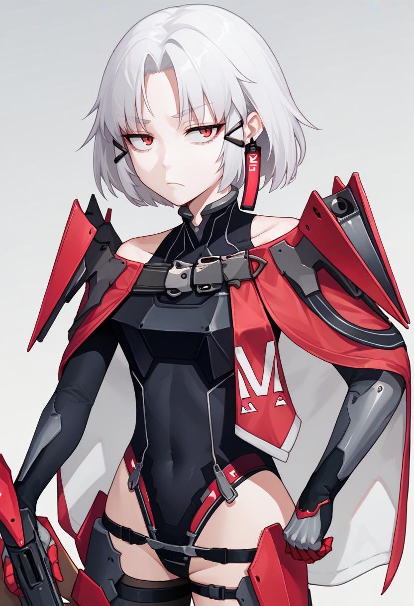 score_9, score_8_up, score_7_up, source_anime BREAK 1girl, <lora:drake-nikke-richy-v1_pdxl:1> drakedef, short hair, white hair, red eyes, earrings, hair ornament, black leotard, shoulder armor, capelet, mecha musume, gloves, solo, standing, shotgun, holding gun, looking at viewer, closed mouth, bored