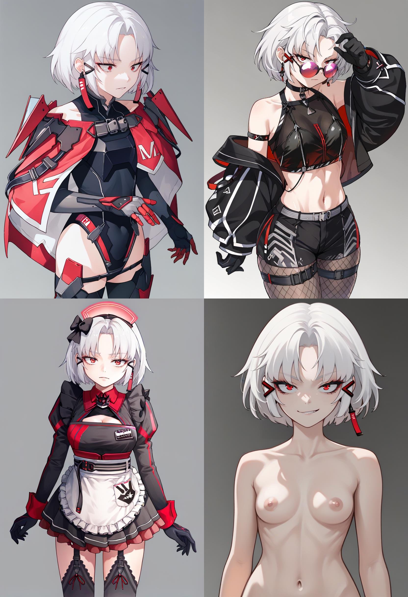 score_9, score_8_up, score_7_up, source_anime BREAK 1girl, <lora:drake-nikke-richy-v1_pdxl:1> solo, standing, {drakedef, short hair, white hair, red eyes, earrings, hair ornament, black leotard, shoulder armor, capelet, mecha musume, gloves|drakercr, short hair, white hair, red eyes, earrings, x hair ornament, sunglasses, tinted eyewear, looking over eyewear, black jacket, off shoulder, choker, crop top, black shorts, fishnet pantyhose, black gloves, thigh strap|drakemaid, short hair, white hair, red eyes, maid, maid headdress, hair bow, cleavage cutout, puffy sleeves, apron, black gloves, black thighhighs, garter straps|drakernd, short hair, white hair, red eyes, earrings, x hair ornament, nude, smirk, looking at viewer}