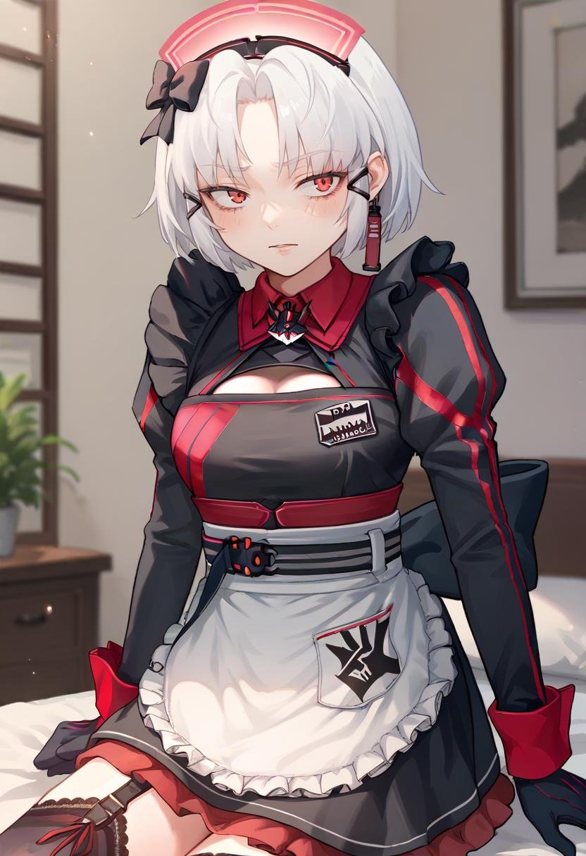 score_9, score_8_up, score_7_up, source_anime BREAK 1girl, <lora:drake-nikke-richy-v1_pdxl:1> drakemaid, short hair, white hair, red eyes, maid, maid headdress, hair bow, cleavage cutout, puffy sleeves, apron, black gloves, black thighhighs, garter straps