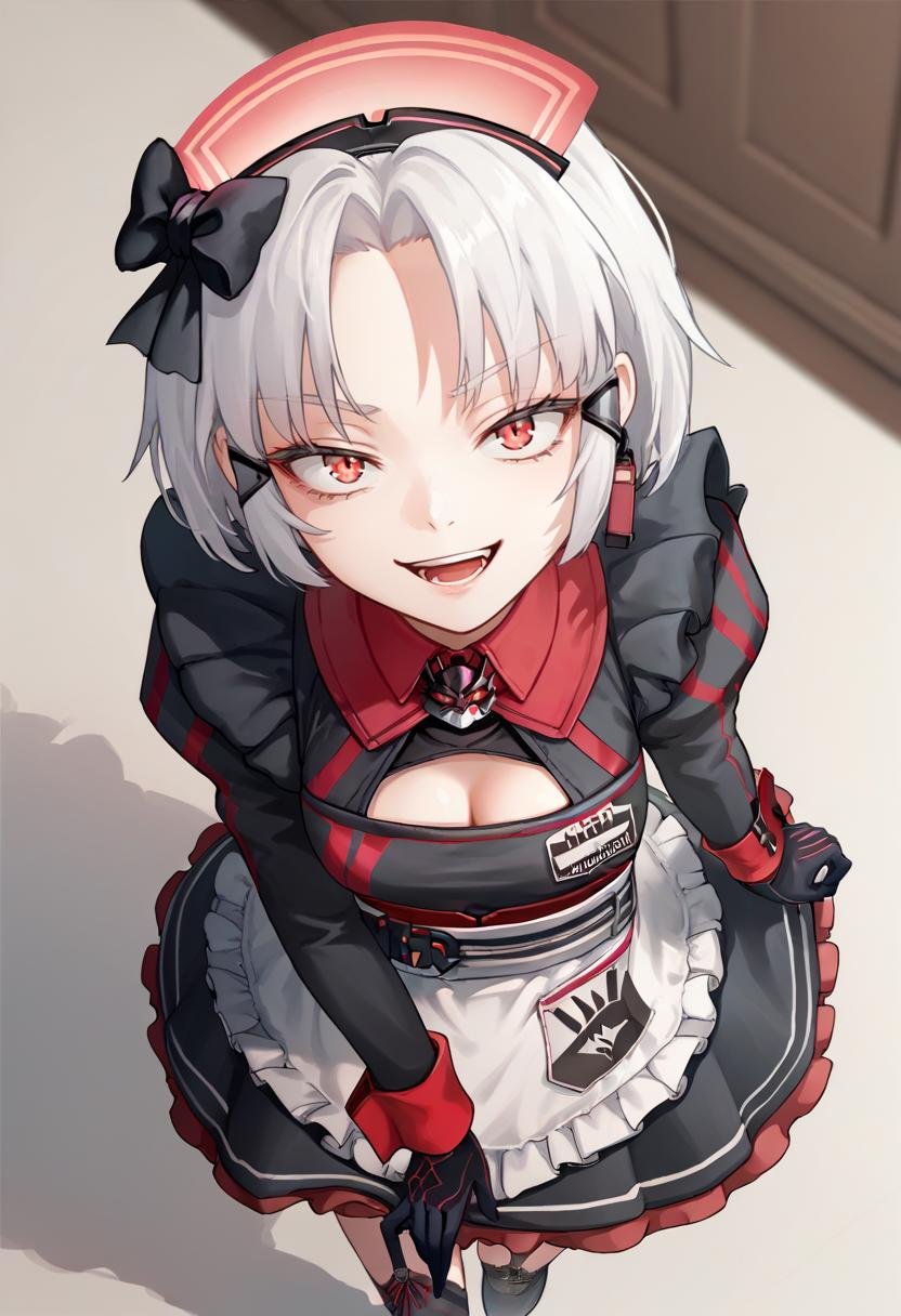 score_9, score_8_up, score_7_up, source_anime BREAK 1girl, <lora:drake-nikke-richy-v1_pdxl:1> drakemaid, short hair, white hair, red eyes, maid, maid headdress, hair bow, cleavage cutout, puffy sleeves, apron, black gloves, black thighhighs, garter straps, from above, looking at viewer, open mouth, evil smile, 