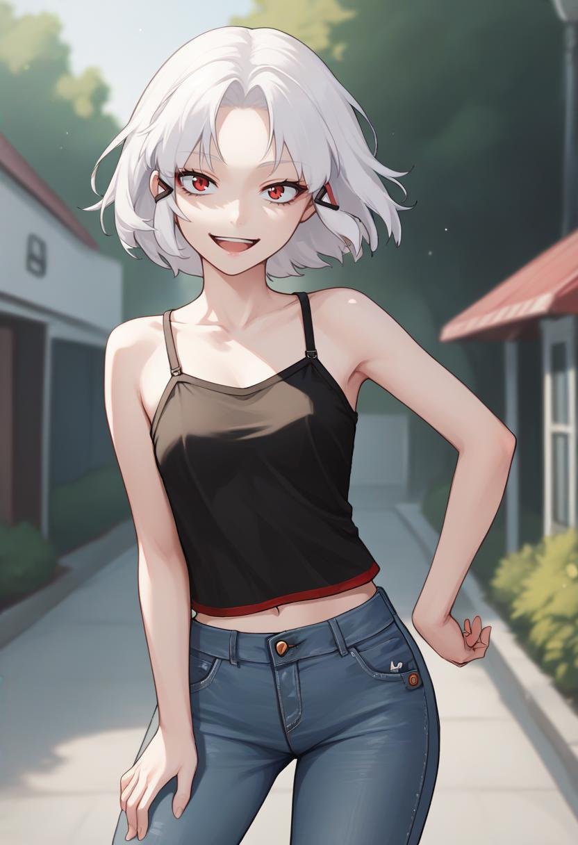 score_9, score_8_up, score_7_up, source_anime BREAK 1girl, <lora:drake-nikke-richy-v1_pdxl:1> looking at viewer, solo, standing, outdoors, drakernd, short hair, white hair, red eyes, jeans, camisole, smile, open mouth, midriff