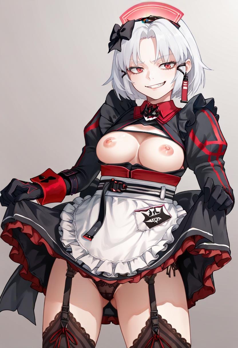 score_9, score_8_up, score_7_up, source_anime BREAK 1girl, <lora:drake-nikke-richy-v1_pdxl:1> drakemaid, short hair, white hair, red eyes, maid, maid headdress, hair bow, cleavage cutout, puffy sleeves, apron, black gloves, black thighhighs, garter straps, nude, panties, upskirt, breasts, nipples, smirk, evil grin, 