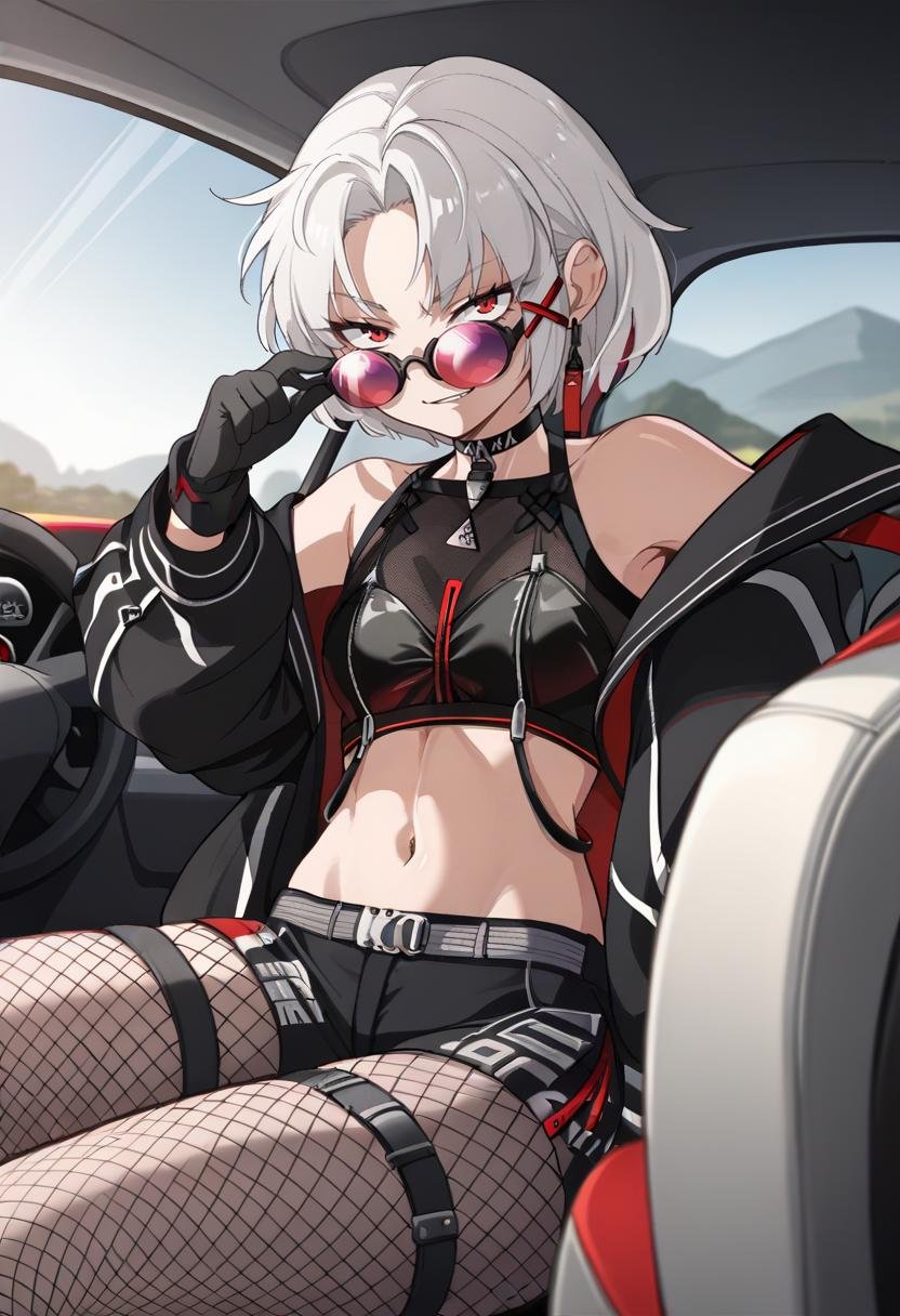 score_9, score_8_up, score_7_up, source_anime BREAK 1girl, <lora:drake-nikke-richy-v1_pdxl:1> drakercr, short hair, white hair, red eyes, earrings, x hair ornament, sunglasses, tinted eyewear, looking over eyewear, black jacket, off shoulder, choker, crop top, midriff, navel, black shorts, fishnet pantyhose, black gloves, thigh strap, driving, looking at viewer, sitting, smirk, car interior, driver