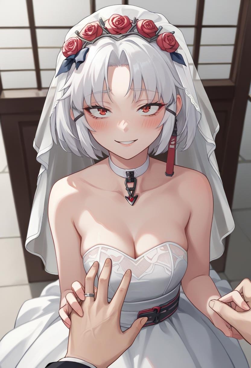 score_9, score_8_up, score_7_up, source_anime BREAK 1girl, <lora:drake-nikke-richy-v1_pdxl:1> drakernd, short hair, white hair, red eyes, wedding dress, bridal veil, wedding ring, pov, wedding, hand, lace trim, bridal veil,  smile, blush, cleavage, holding ring, grabbing another's hand, facing viewer, hip focus, white choker