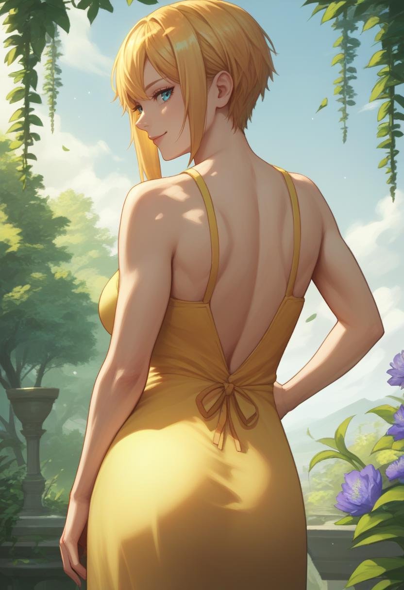 score_9, score_8_up, score_7_up, source_anime BREAK 1girl, <lora:maxwell-nikke-richy-v1_pdxl:1> maxwell, blonde hair, short hair, sidelocks, blue eyes, large breasts, (yellow sundress:1.3), from behind, solo, garden, realistic, beautiful, serene, dappled sunlight, tree shade, sunbeam, blue sky, looking back, looking at viewer, smile, (toned:0.4)