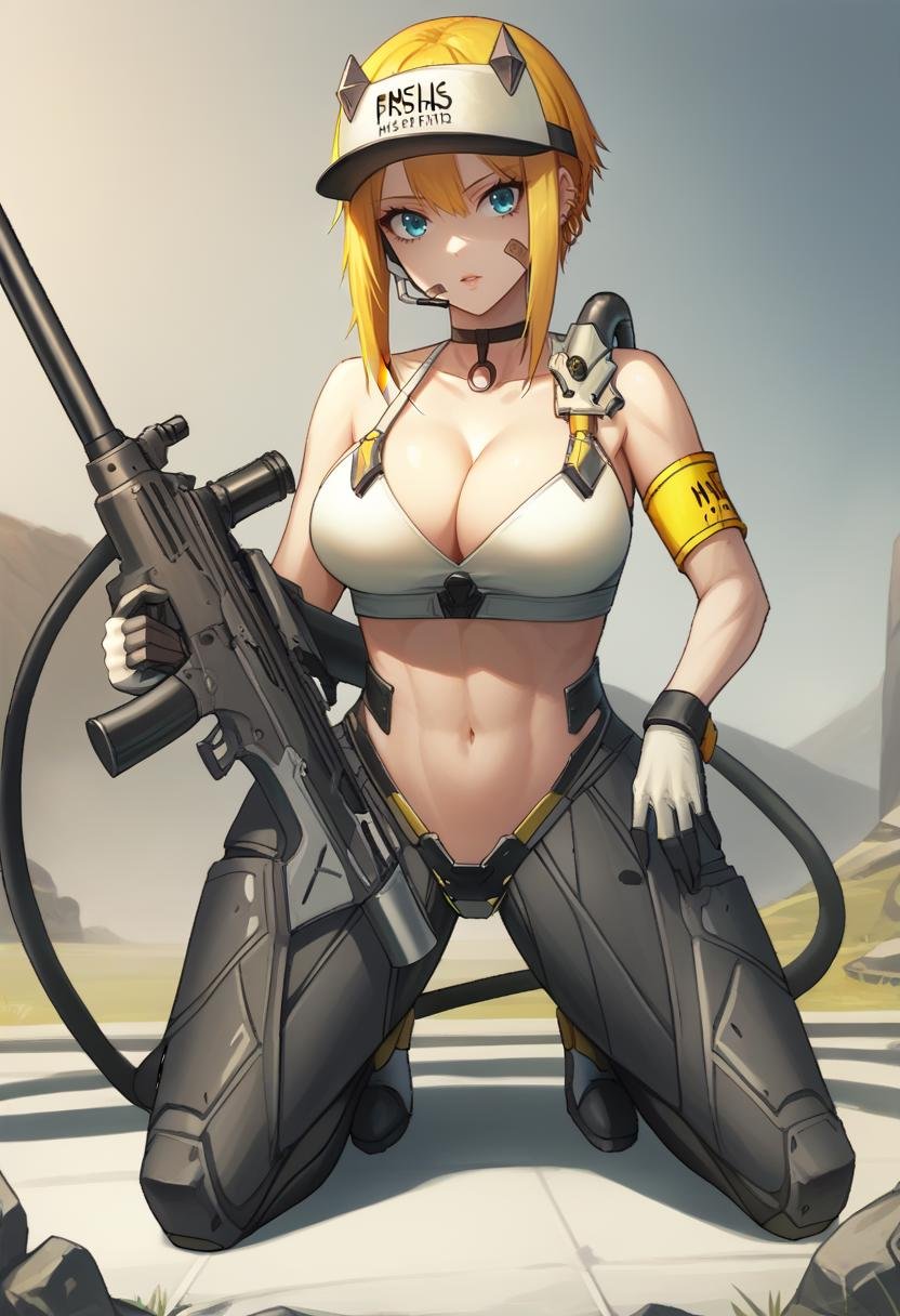 score_9, score_8_up, score_7_up, source_anime BREAK 1girl, <lora:maxwell-nikke-richy-v1_pdxl:1> solo, standing, maxwell, blonde hair, short hair, sidelocks, blue eyes, visor cap, bandaid on face, headset, earrings, choker, white sports bra, cleavage, large breasts, armband, navel, gloves, mechanical legs, outdoors, post-apocalypse, looking at viewer, huge weapon, weapon, sniper rifle, gauss_rifle, kneeling, full body, science fiction