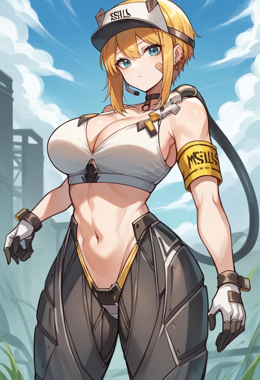 score_9, score_8_up, score_7_up, source_anime BREAK 1girl, <lora:maxwell-nikke-richy-v1_pdxl:1> solo, standing, maxwell, blonde hair, short hair, sidelocks, blue eyes, visor cap, bandaid on face, headset, earrings, choker, white sports bra, cleavage, large breasts, armband, navel, gloves, mechanical legs, outdoors, post-apocalypse, looking at viewer, 