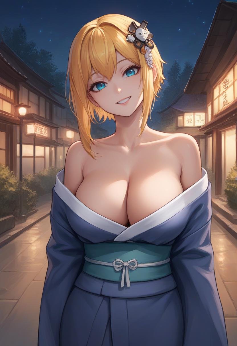 score_9, score_8_up, score_7_up, source_anime BREAK 1girl, <lora:maxwell-nikke-richy-v1_pdxl:0.95> maxwell, blonde hair, sidelocks, blue eyes, large breasts, standing, outdoors, cleavage, off shoulder, smile, dark, darkness, night, night sky, kimono, looking at viewer, head tilt, hair ornament