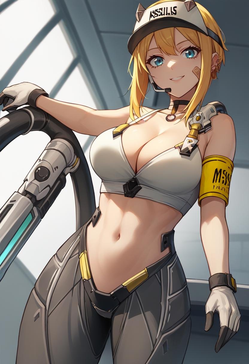 score_9, score_8_up, score_7_up, source_anime BREAK 1girl, <lora:maxwell-nikke-richy-v1_pdxl:1> 1girl, solo, standing, indoors, maxwell, blonde hair, short hair, sidelocks, blue eyes, visor cap, bandaid on face, headset, earrings, choker, white sports bra, cleavage, large breasts, armband, navel, gloves, mechanical legs, smile, looking at viewer, from below