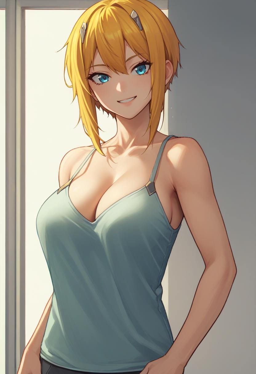 score_9, score_8_up, score_7_up, source_anime BREAK 1girl, <lora:maxwell-nikke-richy-v1_pdxl-000006:1> 1girl, solo, standing, looking at viewer, smile, maxwell, blonde hair, short hair, sidelocks, blue eyes, large breasts, camisole, looking at viewer, 