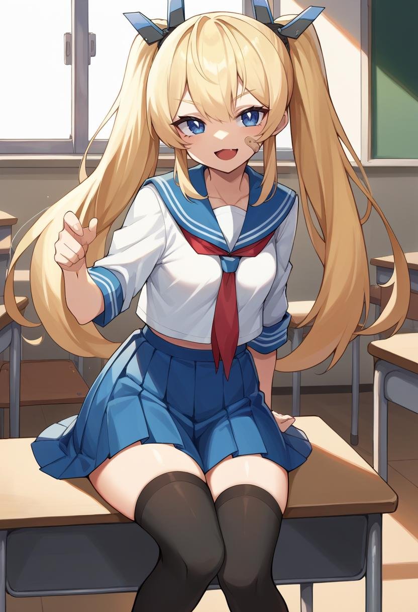 score_9, score_8_up, score_7_up, source_anime BREAK 1girl, <lora:laplace-nikke-richy-v1_pdxl:1> laplace, blonde hair, twintails, long hair, hair ornament, blue eyes, bandaid on face, serafuku, smile, open mouth, classroom, pleated skirt, thighhighs, small breasts, sitting, looking at viewer