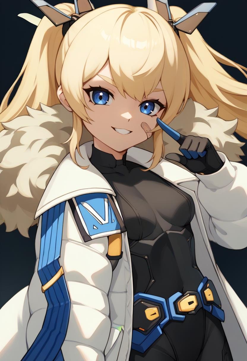 score_9, score_8_up, score_7_up, source_anime BREAK 1girl, <lora:laplace-nikke-richy-v1_pdxl:1> laplace, blonde hair, twintails, long hair, hair ornament, blue eyes, bandaid on face, black bodysuit, small breasts, white coat, fur trim, belt, black gloves, <lora:ett-artist-richy-v1_pdxl:0.8> smile, looking at viewer, hand up