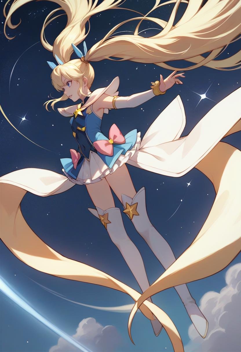 score_9, score_8_up, score_7_up, source_anime BREAK 1girl, <lora:laplace-nikke-richy-v1_pdxl:1> laplace, blonde hair, twintails, long hair, hair ornament, magical girl, standing, blue eyes, parted lips, starry sky, space, floating hair, thigh boots, 