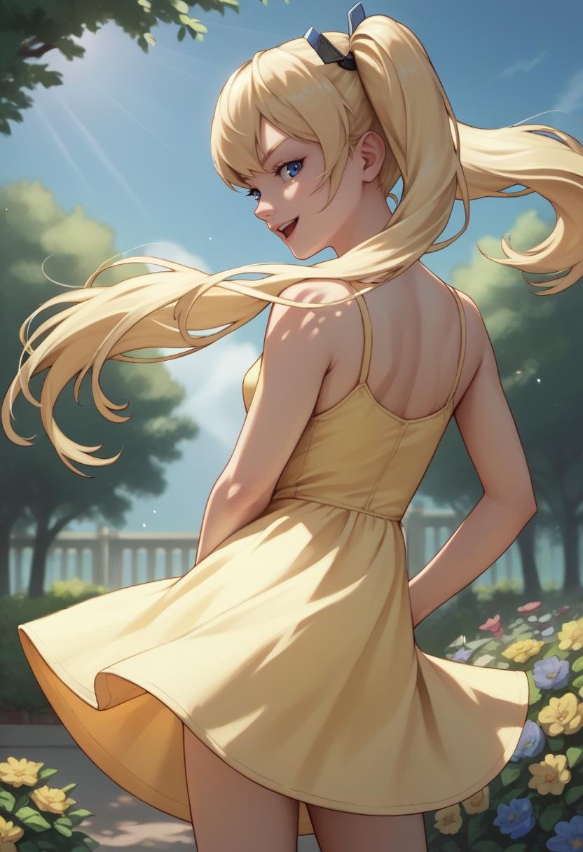 score_9, score_8_up, score_7_up, source_anime BREAK 1girl, <lora:laplace-nikke-richy-v1_pdxl:1> laplace, blonde hair, twintails, long hair, blue eyes, small breasts, (yellow sundress:1.3), from behind, solo, garden, realistic, beautiful, serene, dappled sunlight, tree shade, sunbeam, blue sky, looking back, looking at viewer, smug, smile, open mouth