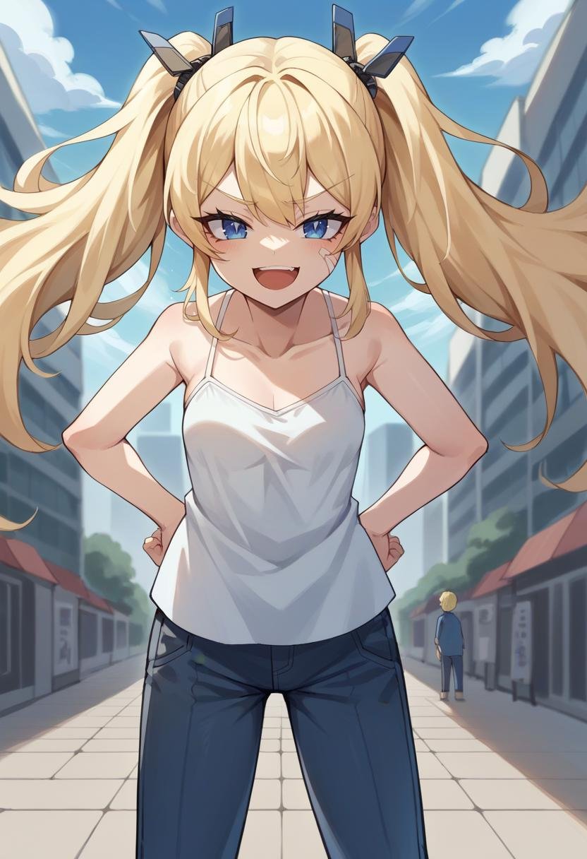 score_9, score_8_up, score_7_up, source_anime BREAK 1girl, <lora:laplace-nikke-richy-v1_pdxl:1> laplace, blonde hair, twintails, long hair, blue eyes, small breasts, camisole, standing, outdoors, city, smug, smile, open mouth, pants