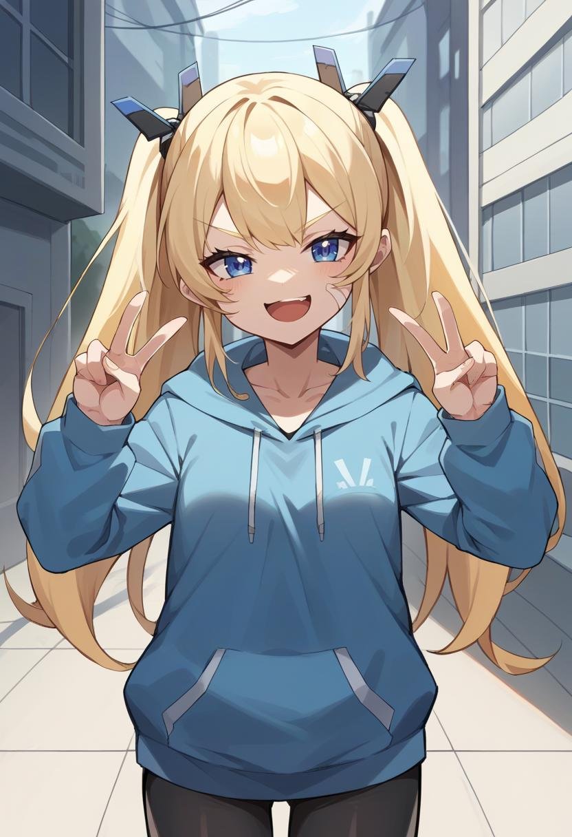 score_9, score_8_up, score_7_up, source_anime BREAK 1girl, <lora:laplace-nikke-richy-v1_pdxl:1> laplace, blonde hair, twintails, long hair, blue eyes, small breasts, hoodie, hood, standing, indoors, city, smug, smile, open mouth, double v, hands up