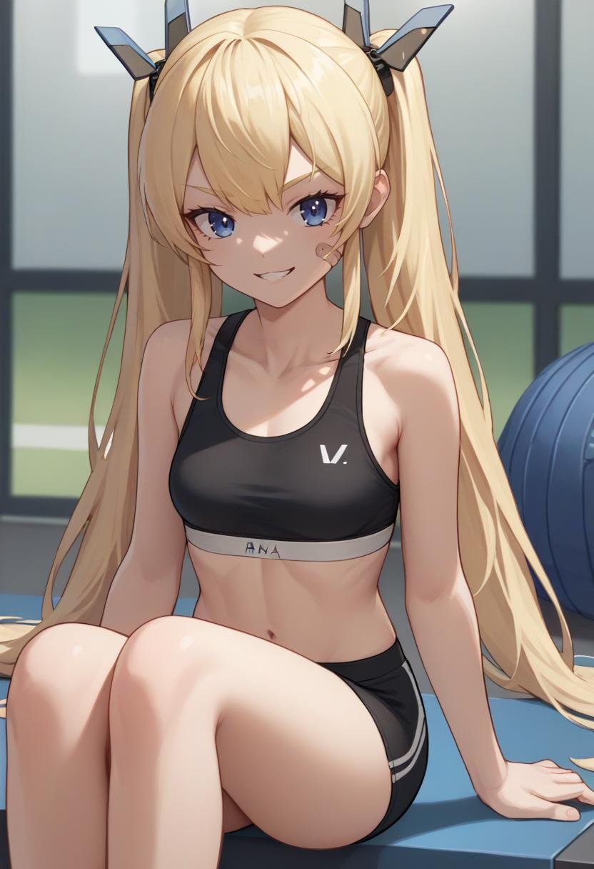 score_9, score_8_up, score_7_up, source_anime BREAK 1girl, <lora:laplace-nikke-richy-v1_pdxl:1> laplace, blonde hair, twintails, long hair, hair ornament, blue eyes, bandaid on face, small breasts, smile, sitting, sports bra