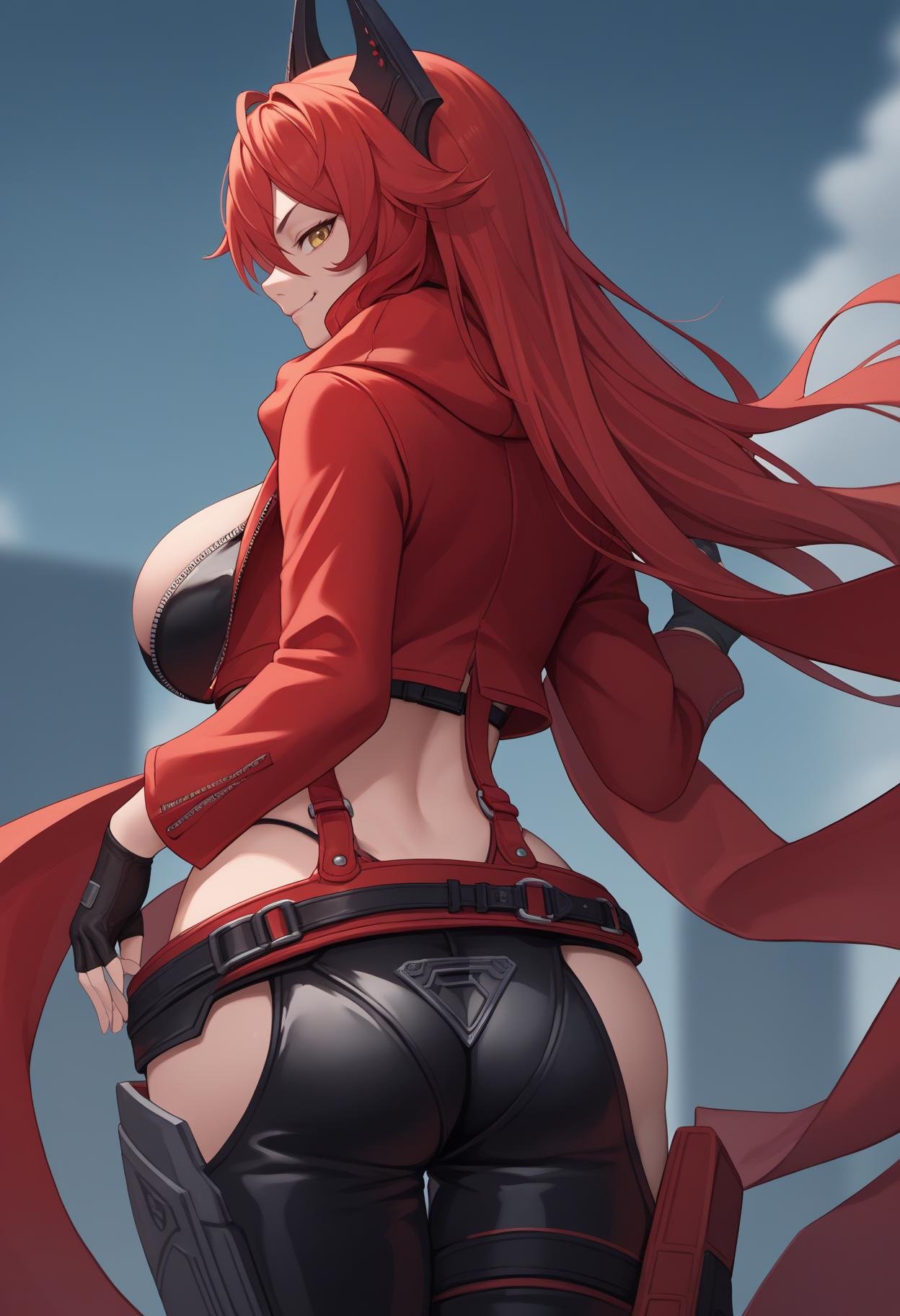 score_9, score_8_up, score_7_up, source_anime BREAK 1girl, solo, <lora:redhood-nikke-richy-v1_pdxl:1> nikkeredhood, red hair, long hair, headgear, yellow eyes, red scarf, crop jacket, red jacket, black shrug \(clothing\), navel, midriff, zipper, cleavage, large breasts, fingerless gloves, belt, black pants, asymmetrical legwear, hip vent, ass, from behind, looking back, smirk, looking at viewer, wide hips