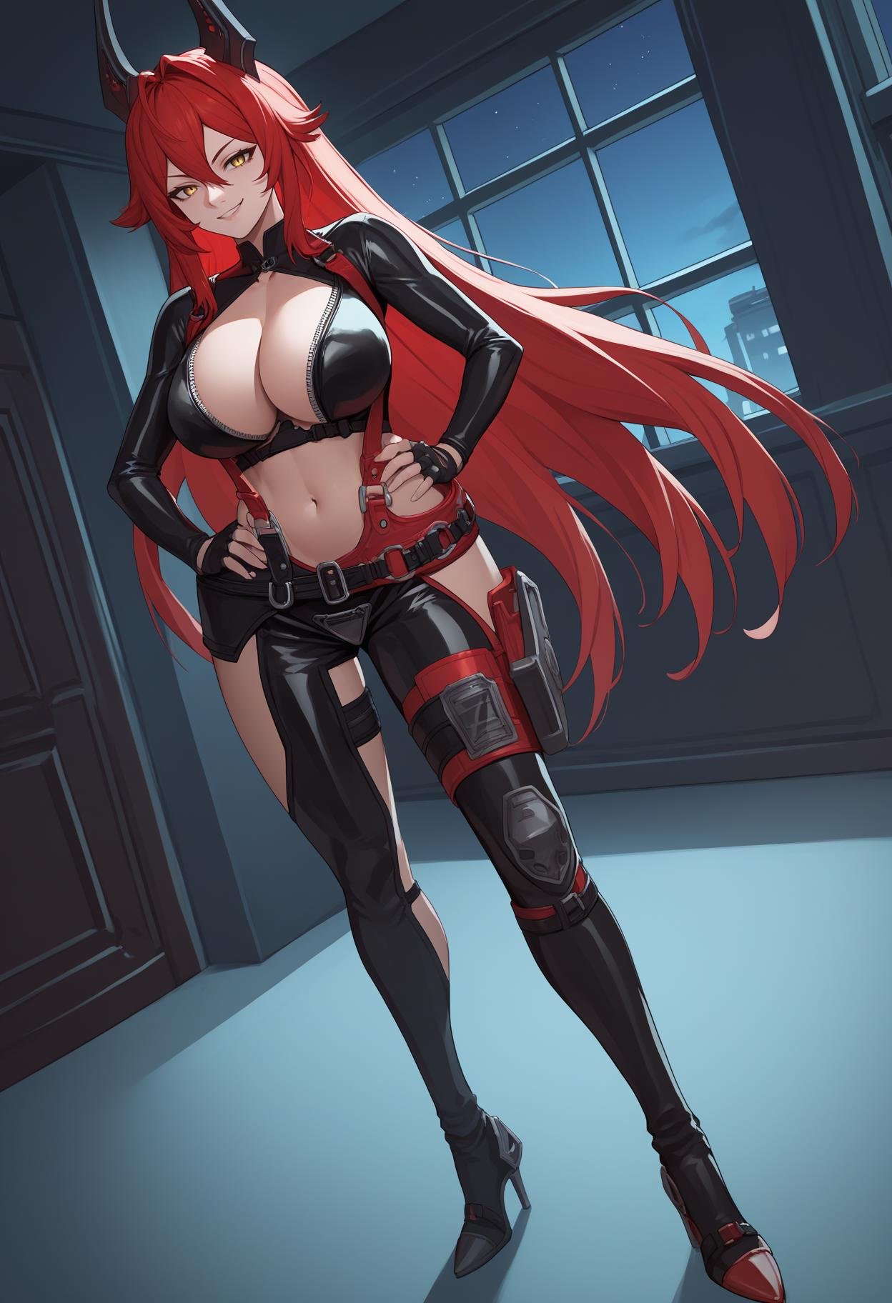 score_9, score_8_up, score_7_up, source_anime BREAK 1girl, solo, <lora:redhood-nikke-richy-v1_pdxl:1> nikkeredhood, red hair, long hair, headgear, yellow eyes, collarbone, black shrug \(clothing\), navel, midriff, zipper, cleavage, large breasts, suspenders, fingerless gloves, belt, black pants, asymmetrical legwear, hip vent, looking at viewer, full body, high heels, standing, indoors, dark, darkness, night, night sky, window, dutch angle, hand on hip, seductive smile, looking at viewer, naughty face, 