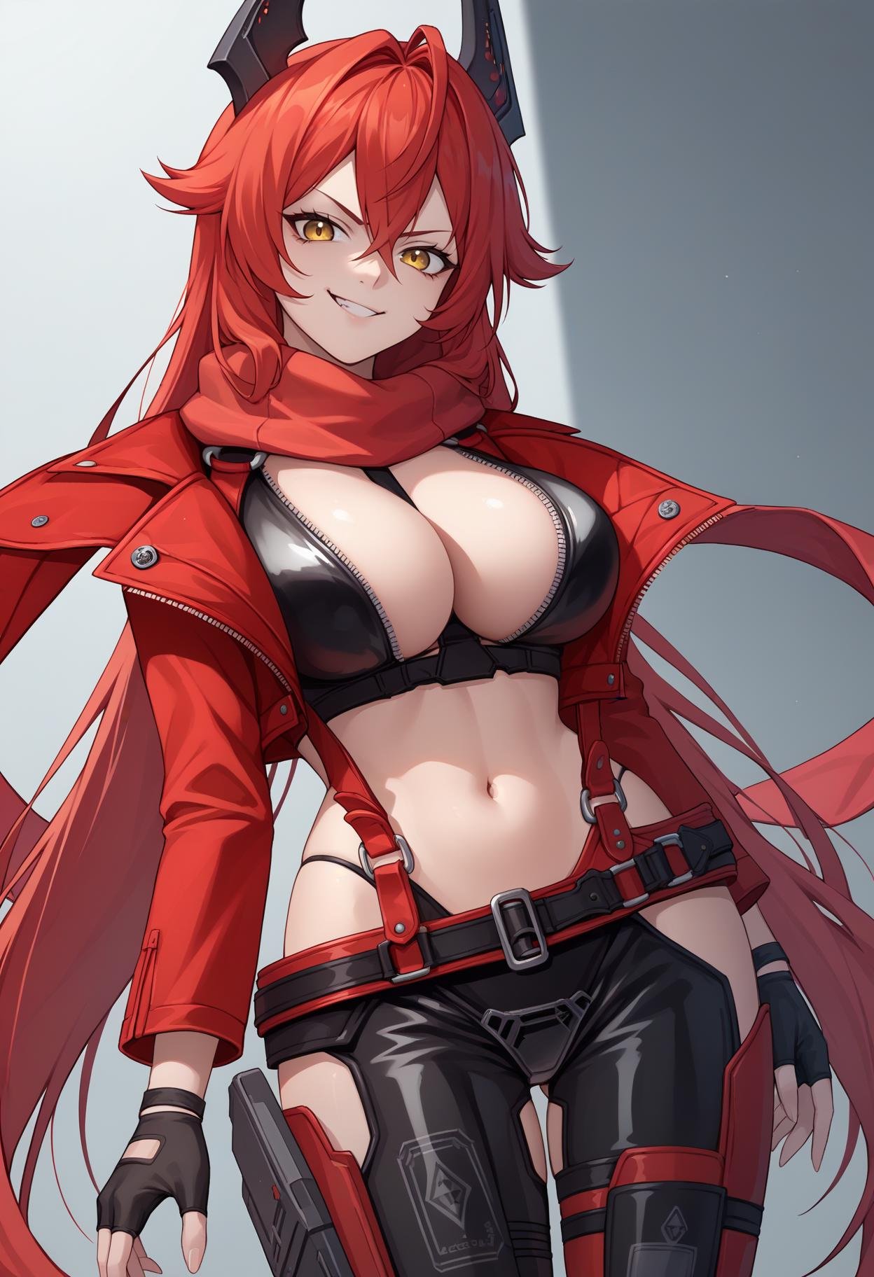 score_9, score_8_up, score_7_up, source_anime BREAK 1girl, solo, <lora:redhood-nikke-richy-v1_pdxl:1> nikkeredhood, red hair, very long hair, headgear, yellow eyes, red scarf, crop jacket, red jacket, black shrug \(clothing\), navel, midriff, zipper, cleavage, large breasts, fingerless gloves, belt, black pants, asymmetrical legwear, hip vent, looking at viewer, smirk