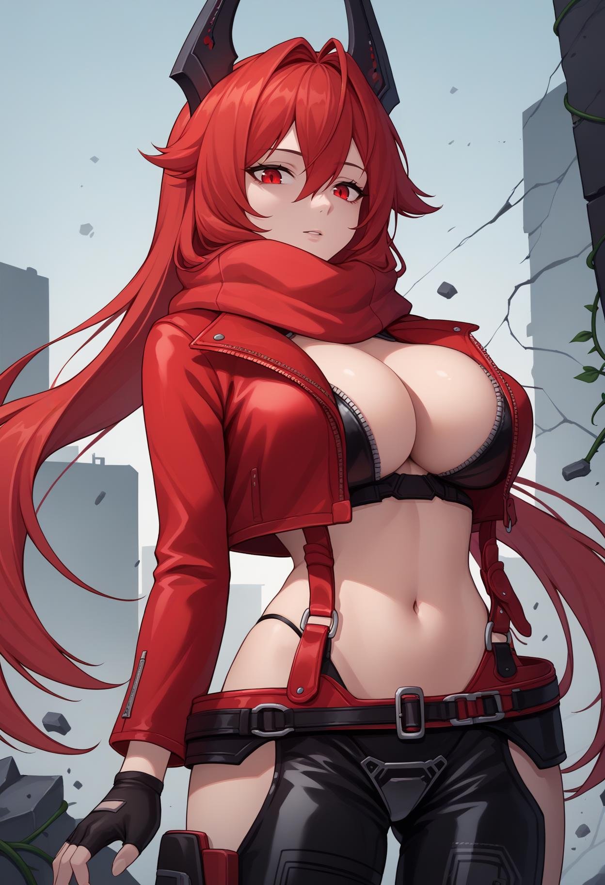 score_9, score_8_up, score_7_up, source_anime BREAK 1girl, solo, <lora:redhood-nikke-richy-v1_pdxl:1> nikkeredhood, red hair, long hair, headgear, red eyes, blank stare, parted lips, half-closed eyes, red scarf, crop jacket, red jacket, black shrug \(clothing\), navel, midriff, zipper, cleavage, large breasts, fingerless gloves, belt, black pants, asymmetrical legwear, hip vent, standing, post-apocalypse, ruined city, debris, overgrown, vines, concrete, looking at viewer