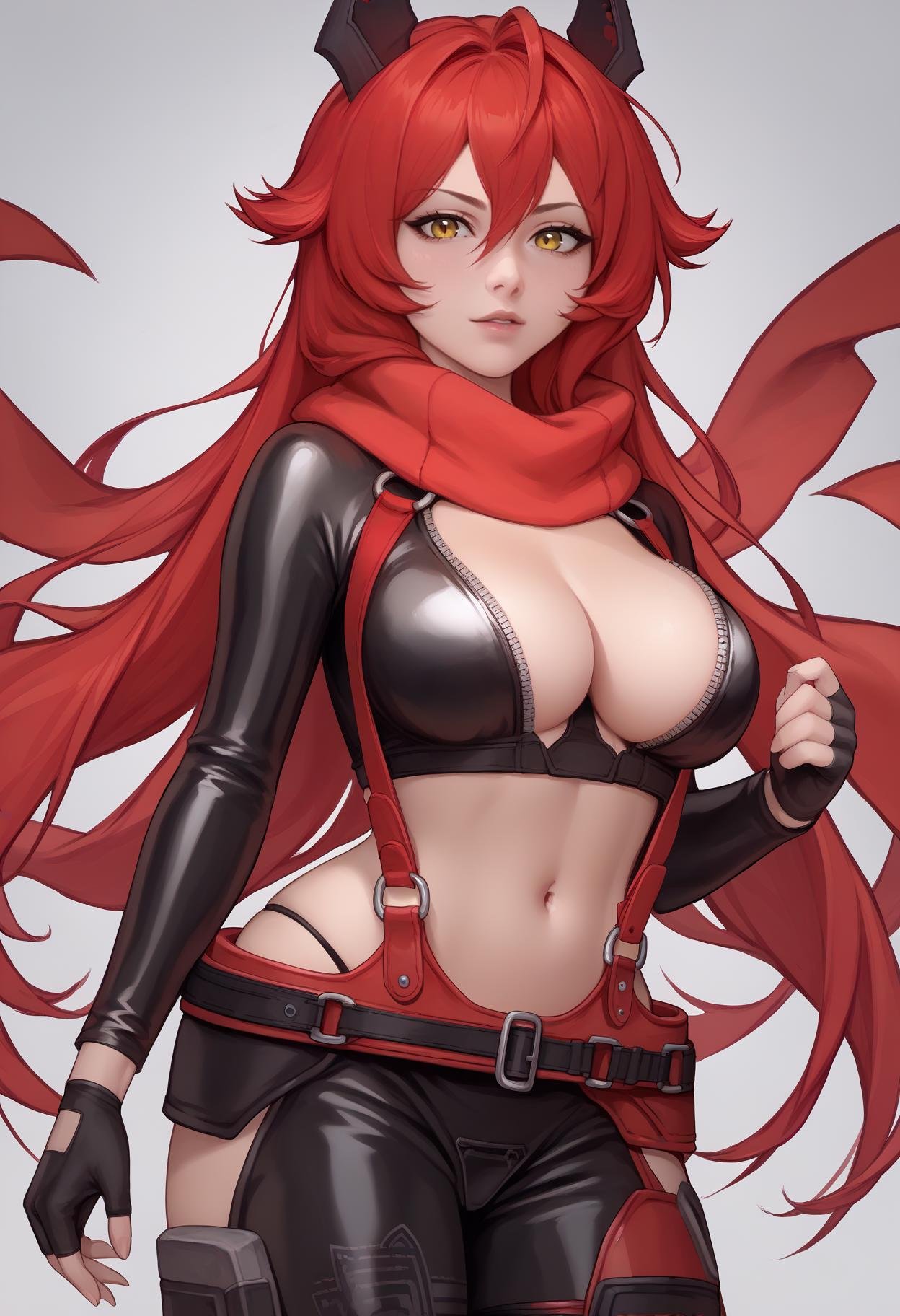 score_9, score_8_up, score_7_up, source_anime BREAK 1girl, <lora:redhood-nikke-richy-v1_pdxl:1> nikkeredhood, red hair, long hair, headgear, yellow eyes, red scarf, black shrug \(clothing\), navel, midriff, zipper, cleavage, large breasts, suspenders, fingerless gloves, belt, black pants, asymmetrical legwear, hip vent, <lora:kittew-artist-richy-v1_pdxl:1> looking at viewer, from side, contrapposto