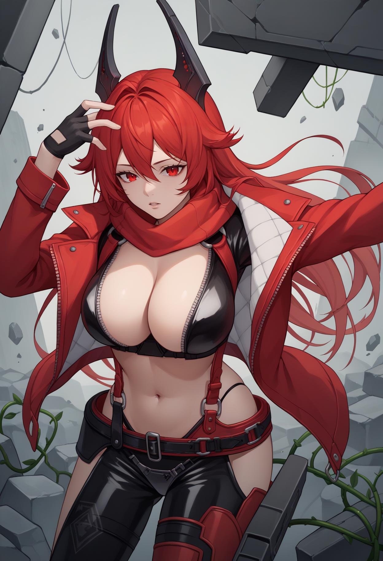 score_9, score_8_up, score_7_up, source_anime BREAK 1girl, solo, <lora:redhood-nikke-richy-v1_pdxl:1> nikkeredhood, red hair, long hair, headgear, red eyes, blank stare, parted lips, half-closed eyes, red scarf, crop jacket, red jacket, black shrug \(clothing\), navel, midriff, zipper, cleavage, large breasts, fingerless gloves, belt, black pants, asymmetrical legwear, hip vent, standing, post-apocalypse, ruined city, debris, overgrown, vines, concrete, looking at viewer