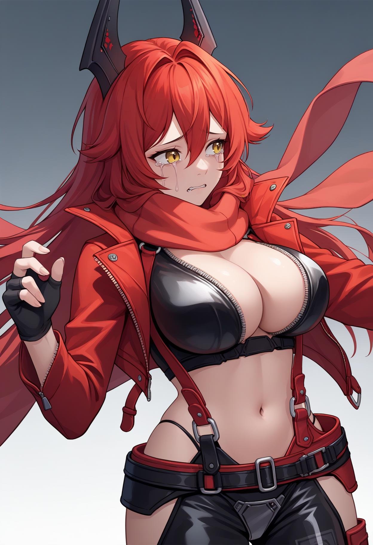 score_9, score_8_up, score_7_up, source_anime BREAK 1girl, <lora:redhood-nikke-richy-v1_pdxl:1> nikkeredhood, red hair, long hair, headgear, yellow eyes, red scarf, crop jacket, red jacket, black shrug \(clothing\), navel, midriff, zipper, cleavage, large breasts, suspenders, fingerless gloves, belt, black pants, asymmetrical legwear, hip vent, crying, sad, looking to the side