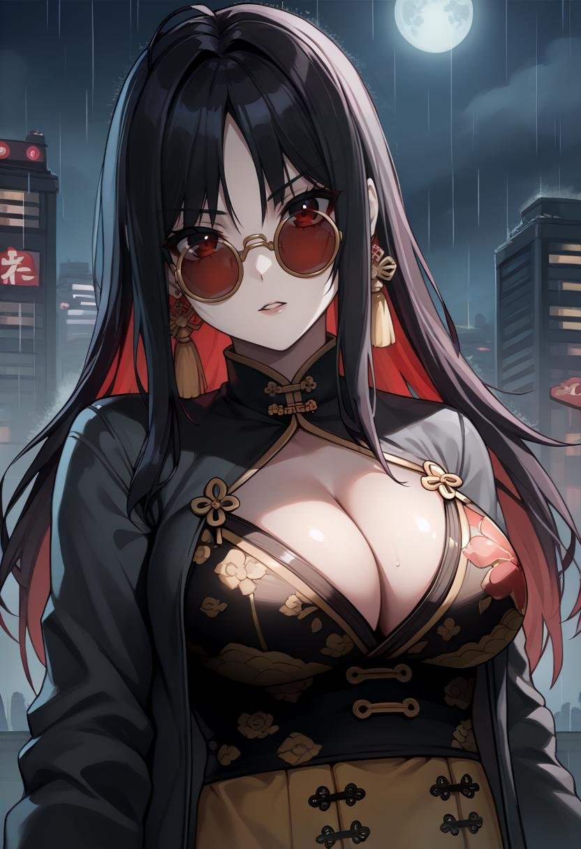 score_9, score_8_up, score_7_up, source_anime BREAK 1girl, solo, <lora:moran-nikke-richy-v1_pdxl:1> moran, black hair, long hair, colored inner hair, multicolored hair, red hair, tassel earings, cleavage cutout, chinese clothes, china dress, red eyes, large breasts, parted lips, looking at viewer, sunglasses, tinted eyewear, east asian architecture, science fiction, cyberpunk, dark, darkness, night, night sky, round eyewear, city, rain, raining, fog