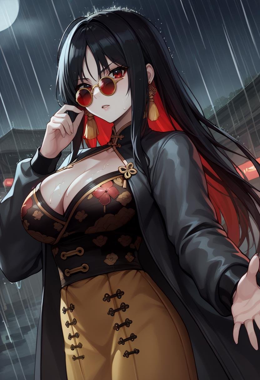 score_9, score_8_up, score_7_up, source_anime BREAK 1girl, solo, <lora:moran-nikke-richy-v1_pdxl:1> moran, black hair, long hair, colored inner hair, multicolored hair, red hair, tassel earings, cleavage cutout, chinese clothes, china dress, red eyes, large breasts, parted lips, looking at viewer, sunglasses, tinted eyewear, east asian architecture, science fiction, cyberpunk, dark, darkness, night, night sky, round eyewear, rain, raining, fog, looking over eyewear, long sleeves, standing, outdoors, jacket