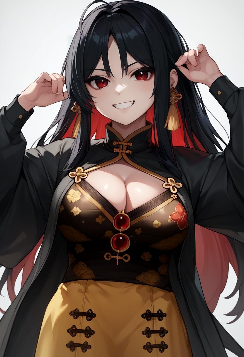 score_9, score_8_up, score_7_up, source_anime BREAK 1girl, solo, <lora:moran-nikke-richy-v1_pdxl:1> moran, black hair, long hair, colored inner hair, multicolored hair, red hair, tassel earings, cleavage cutout, chinese clothes, china dress, red eyes, large breasts, smile, looking at viewer, unworn eyewear, eyewear hang