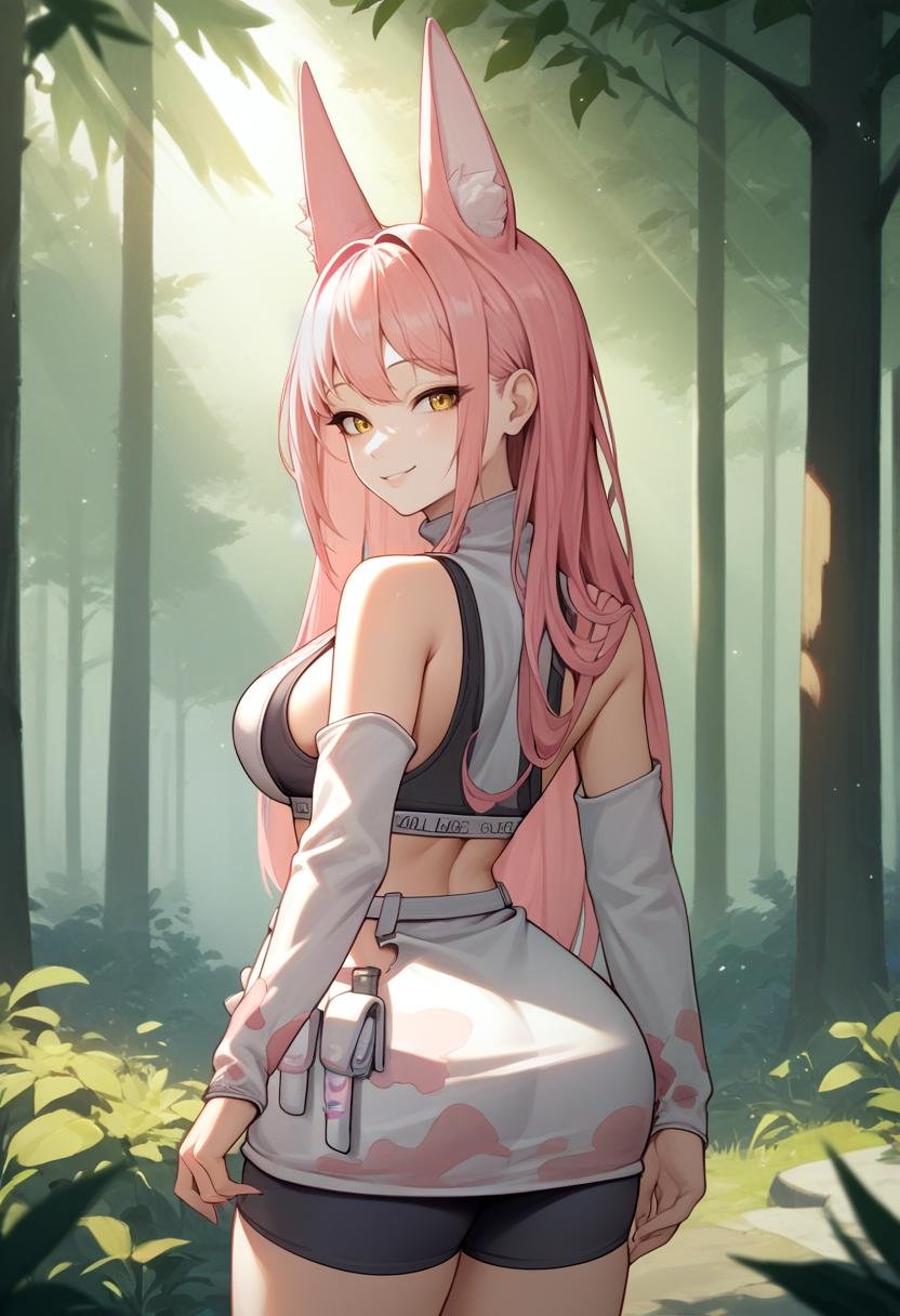 score_9, score_8_up, score_7_up, source_anime BREAK 1girl, solo, standing, wide hips, smile, <lora:leona-nikke-richy-v1_pdxl:1> leona, pink hair, long hair, animal ears, yellow eyes, white sweater, turtleneck, sweater dress, sports bra, detached sleeves, white belt, spandex shorts, sideboob, outdoors, forest, dappled sunlight, looking back, looking at viewer, ass
