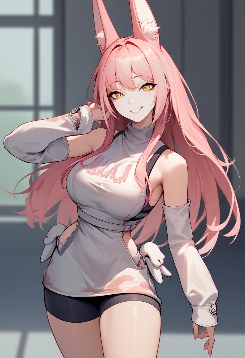 score_9, score_8_up, score_7_up, source_anime BREAK 1girl, solo, standing, wide hips, smile, <lora:leona-nikke-richy-v1_pdxl:1> leona, pink hair, long hair, animal ears, yellow eyes, detached sleeves, white sweater, turtleneck, sweater dress, sports bra, white belt, spandex shorts, looking at viewer
