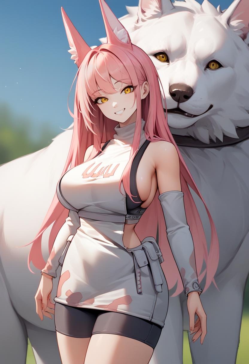 score_9, score_8_up, score_7_up, source_anime BREAK 1girl, solo, standing, wide hips, smile, <lora:leona-nikke-richy-v1_pdxl:1> leona, pink hair, long hair, animal ears, yellow eyes, white sweater, turtleneck, sweater dress, sports bra, detached sleeves, white belt, spandex shorts, sideboob, looking at viewer, 