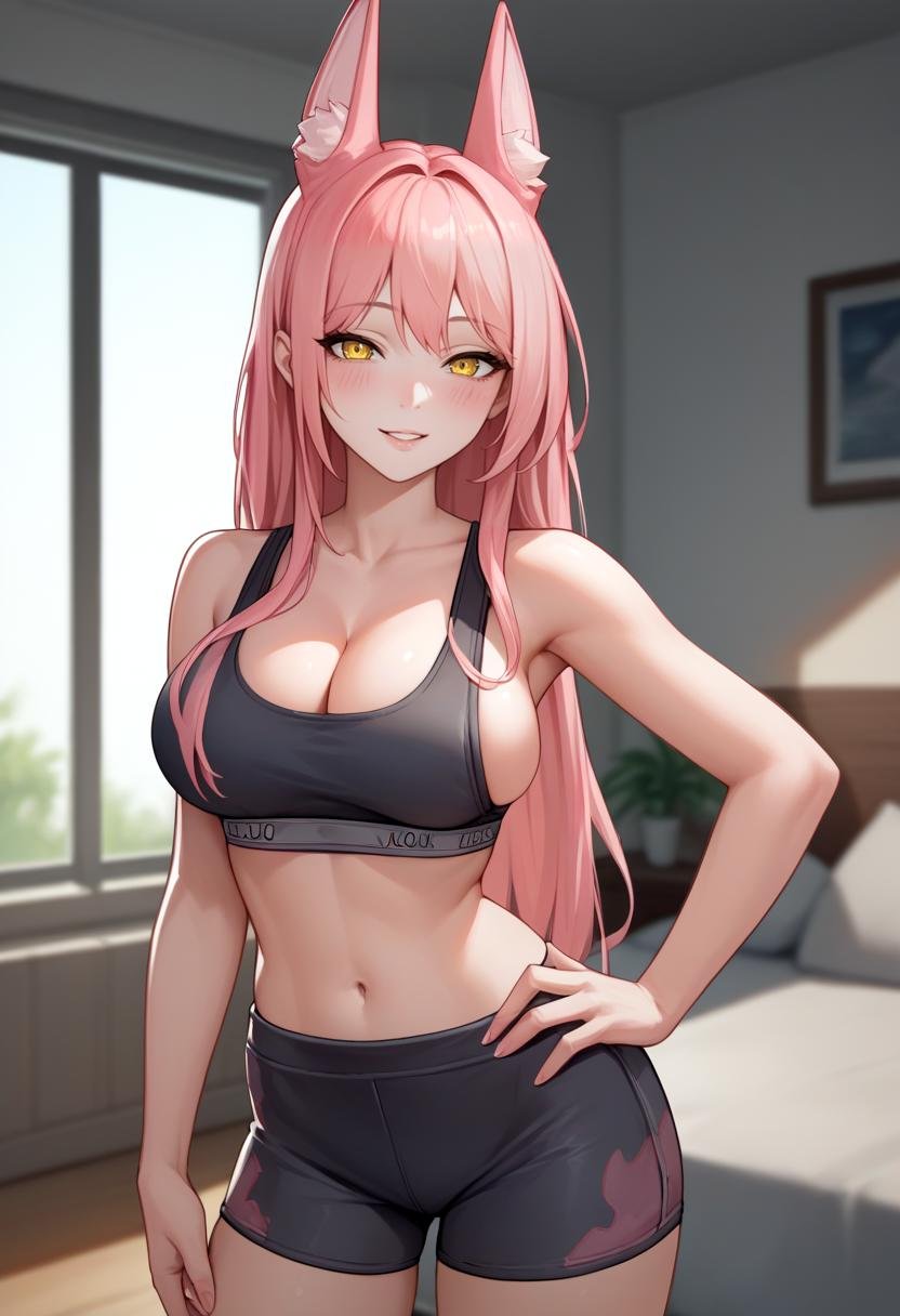 score_9, score_8_up, score_7_up, source_anime BREAK 1girl, solo, standing, wide hips, smile, <lora:leona-nikke-richy-v1_pdxl:1> leona, pink hair, long hair, animal ears, yellow eyes, sports bra, spandex shorts, navel, midriff, blush, parted lips, looking at viewer, hand on hip, contrapposto, indoors, bedroom, cleavage, sideboob, leaning back