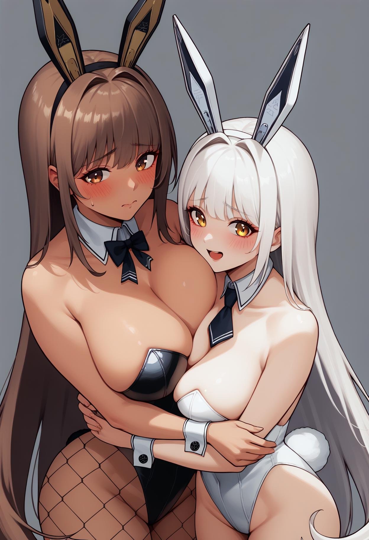 score_9, score_8_up, score_7_up, source_anime, 2girls, standing, breast press, asymmetrical docking, medium breasts, huge breasts, looking at viewer, blush, height difference, hug, size differenceBREAK <lora:noir-nikke-richy-v1_pdxl:0.7> noirdef, brown hair, very long hair, fake animal ears, playboy bunny, detached collar, bowtie, black leotard, cleavage, fishnet pantyhose, wrist cuffs, dark skin, huge breasts, curvy, embarrassed, shy, wide hipsBREAK <lora:blanc-nikke-richy-v1_pdxl:0.8> blancdef, white hair, very long hair, fake animal ears, yellow eyes, playboy bunny, detached collar, short necktie, white leotard, cleavage, fishnets, wrist cuffs, breasts, happy, open mouth