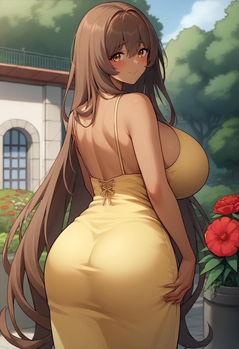 score_9, score_8_up, score_7_up, source_anime BREAK 1girl, solo, standing, <lora:noir-nikke-richy-v1_pdxl:1> noirrnd, brown hair, very long hair, dark skin, huge breasts, curvy, ass, from behind, yellow sundress, garden, serene, blush, smile, looking back, looking at viewer,  